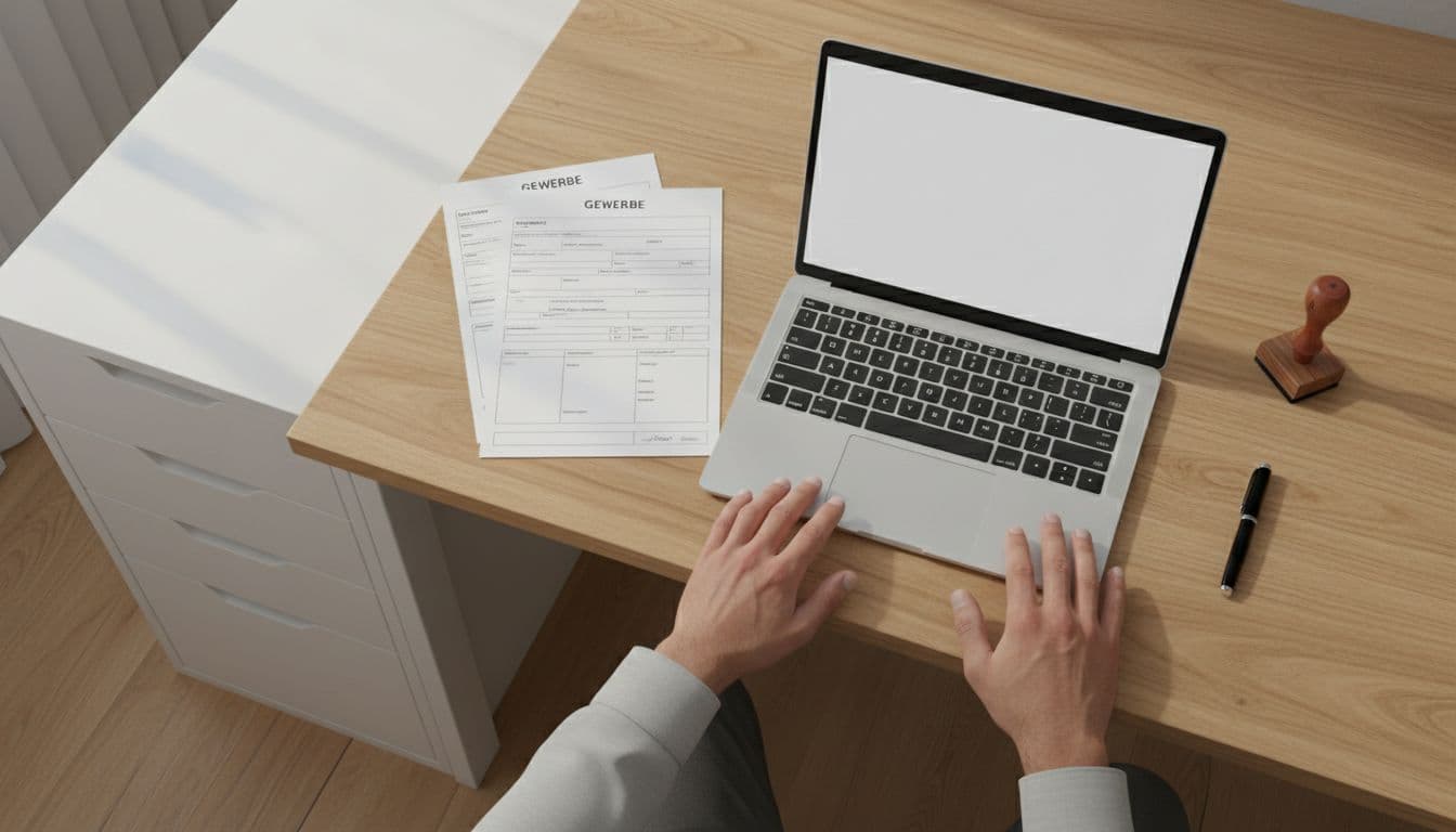 Top-down view of a modern office desk in Austria with Gewerbe registration forms, open laptop, official stamp, and pen. Soft natural lighting, realistic photo style, exactly two hands visible, single person present.