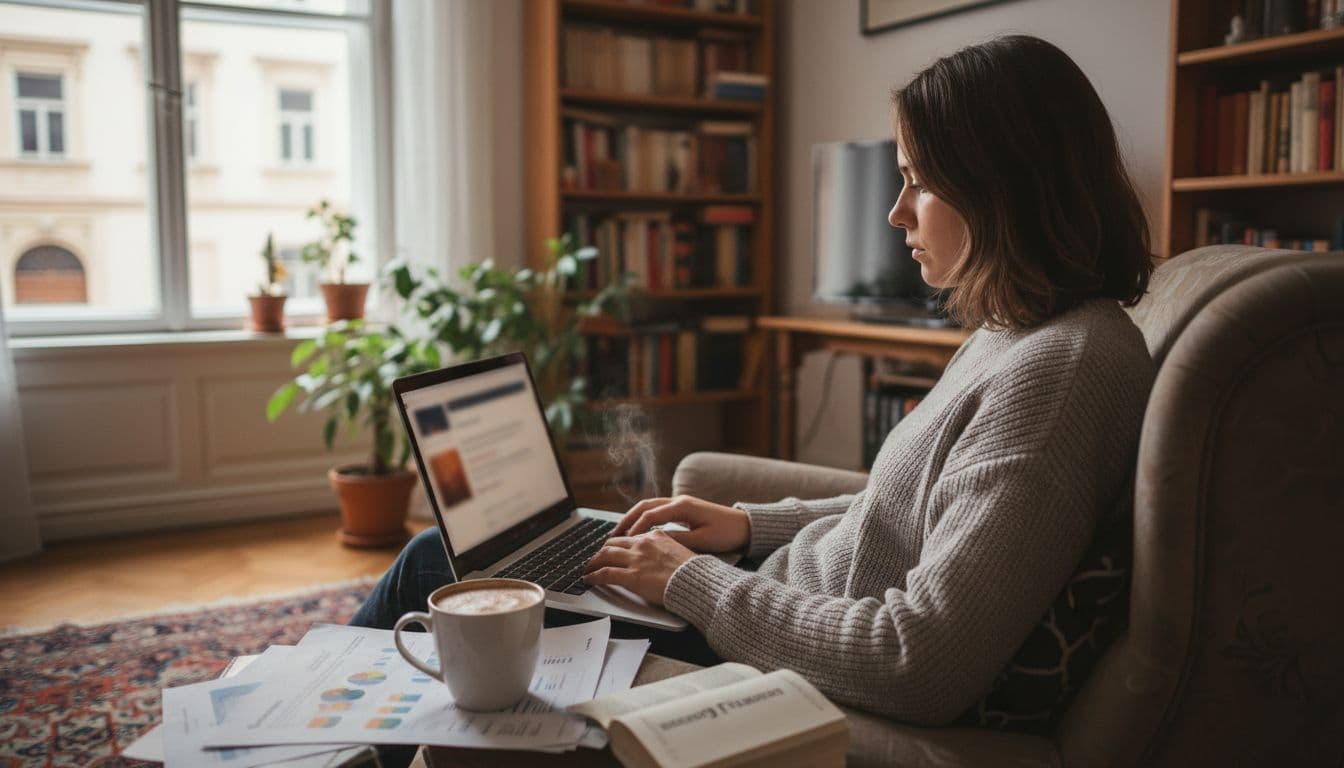 Side view of an Austrian freelancer working on a laptop in a cozy Vienna living room, with blurry OnlyFans platform on screen, coffee cup, and tax notes. Realistic photo style with natural light, exactly one person.
