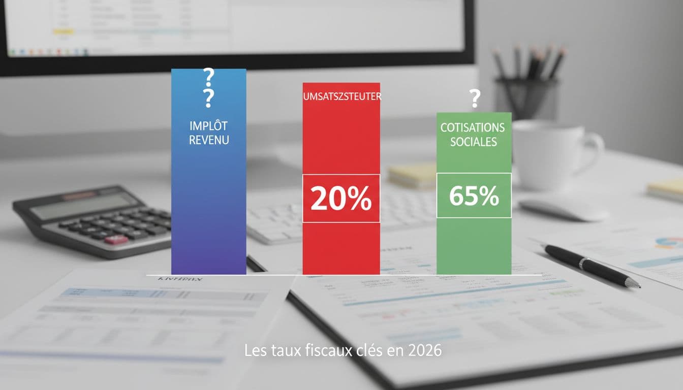 Simple minimalist bar graph displaying Austrian income tax, 20% VAT, and social contributions rates against a clean tax office background with calculator and documents.