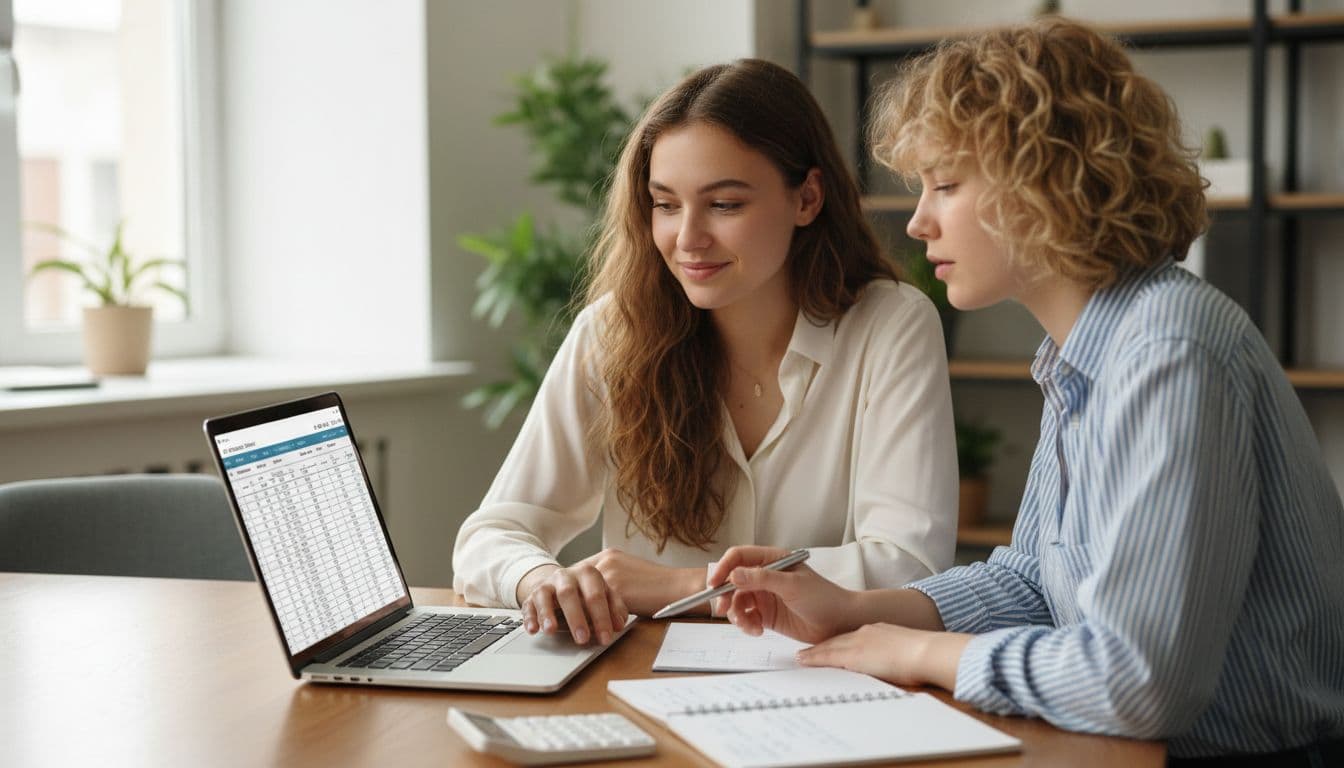 Deux jeunes créatrices de contenu adulte assises à une table dans un bureau lumineux, discutant avec concentration d'un tableur financier ouvert sur ordinateur portable, notes et calculatrice à portée de main, l'une sourit légèrement, style réaliste avec éclairage naturel doux.