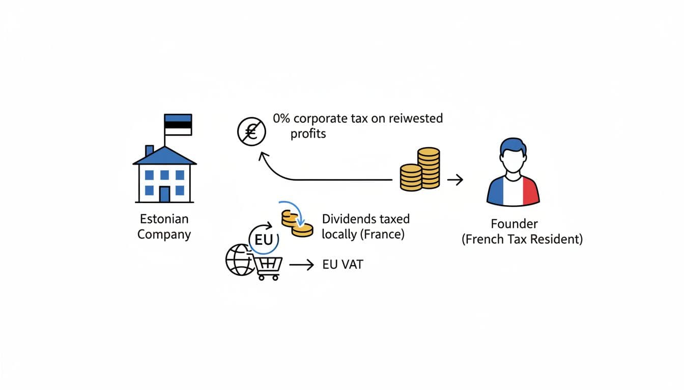 Minimalist vector diagram showing tax flows from an Estonian company to a French tax resident founder: 0% corporate tax on reinvested profits, locally taxed dividends, and EU VAT, using icons for company, person, flags, coins, and arrows on white background with no text.