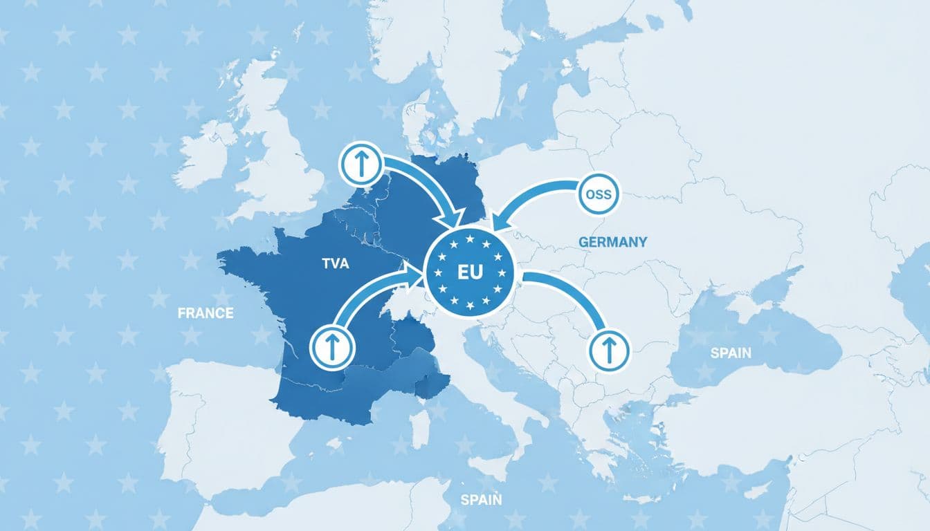 Carte de l'Europe avec icônes TVA et OSS mises en évidence sur France, Belgique, Allemagne et Espagne, flèches indiquant les flux de déclaration unique, sur fond bleu clair Union Européenne en style infographie simple.