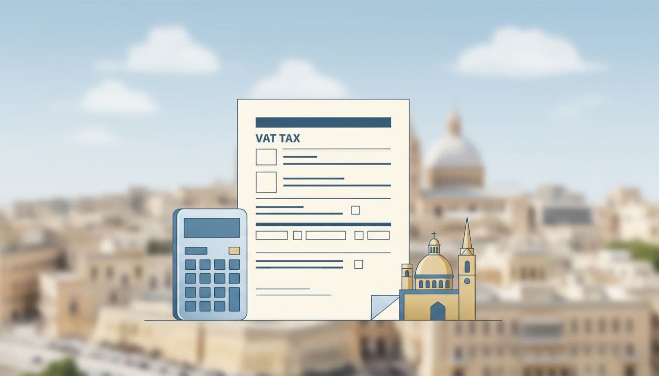 Professional icon featuring an open Maltese VAT fiscal document with a calculator and Valletta skyline in the background, in a modern clear business editorial style with natural lighting.