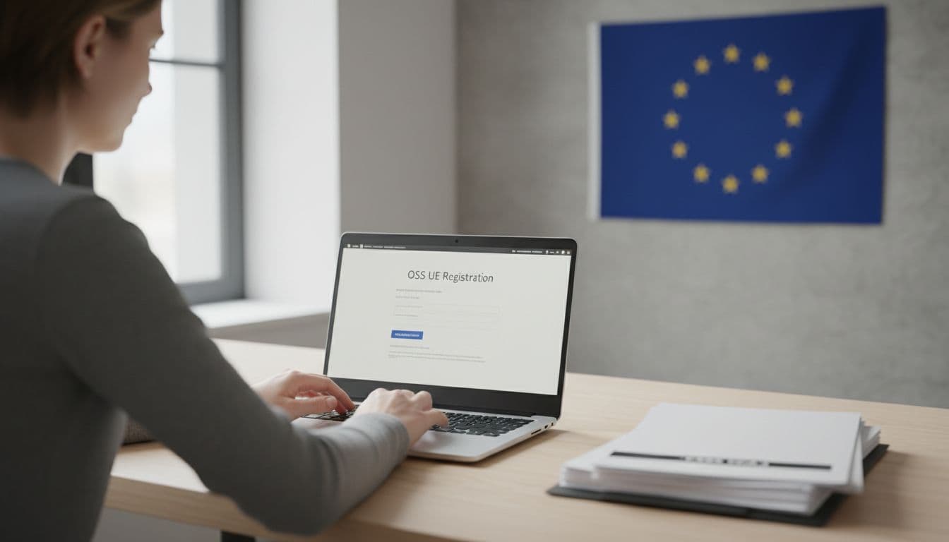 Une personne assise à un bureau moderne remplit un formulaire d'inscription OSS UE en ligne sur un ordinateur portable, avec des documents TVA à proximité et un drapeau européen discret en arrière-plan.