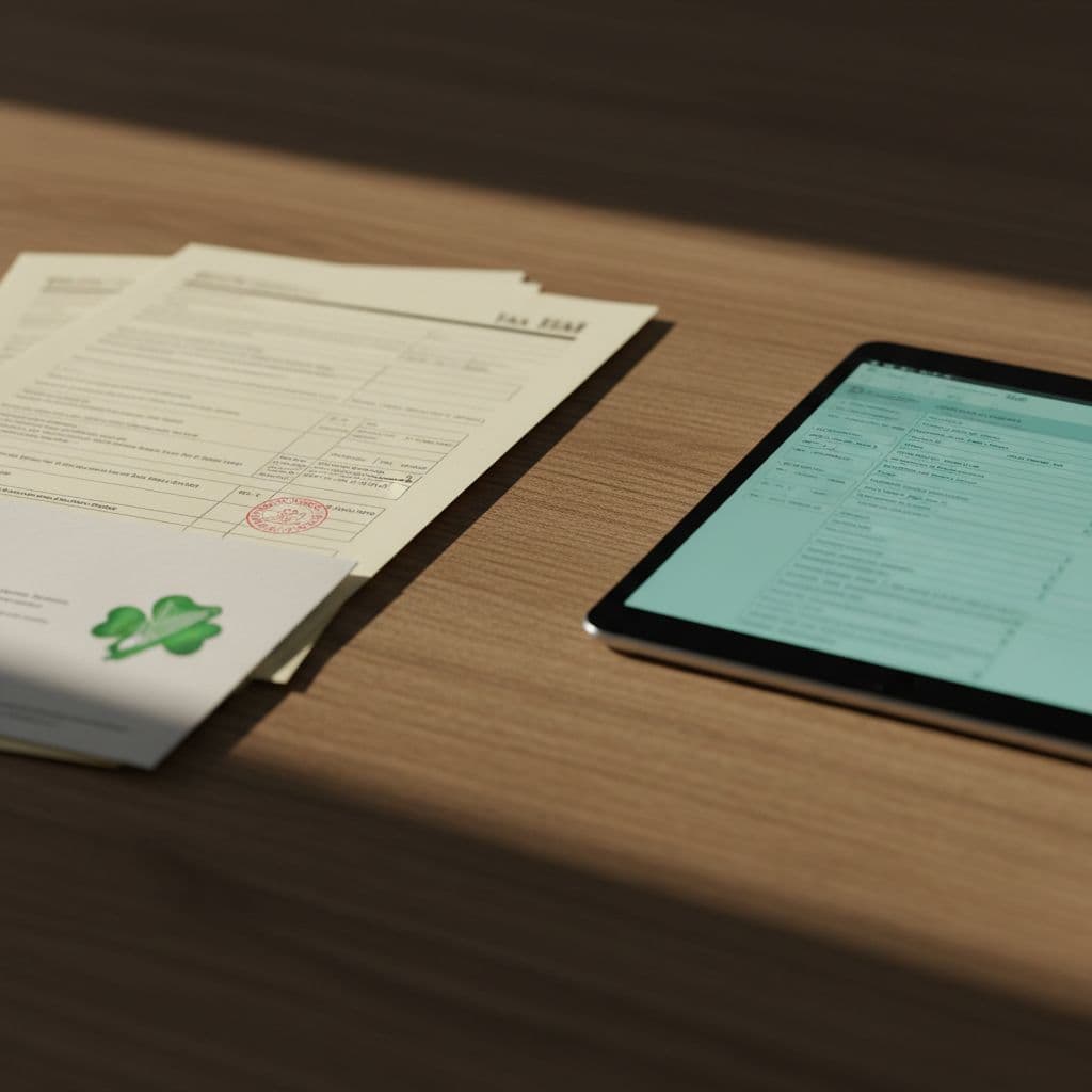 Paper and digital tax documents positioned côte à côte on a wooden desk, featuring a blurred stylized Irish tax envelope, in a balanced realistic photography style with side lighting, no readable text, people, watermarks, or logos.