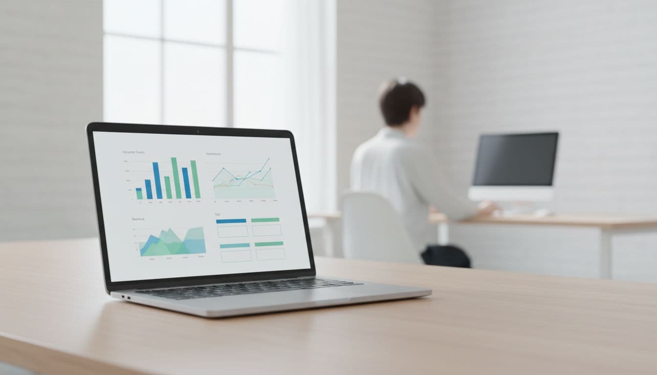 Online tax dashboard with revenue graphs and forms displayed on a laptop in a bright office, featuring one blurred person in the background, modern minimalist style with soft lighting.