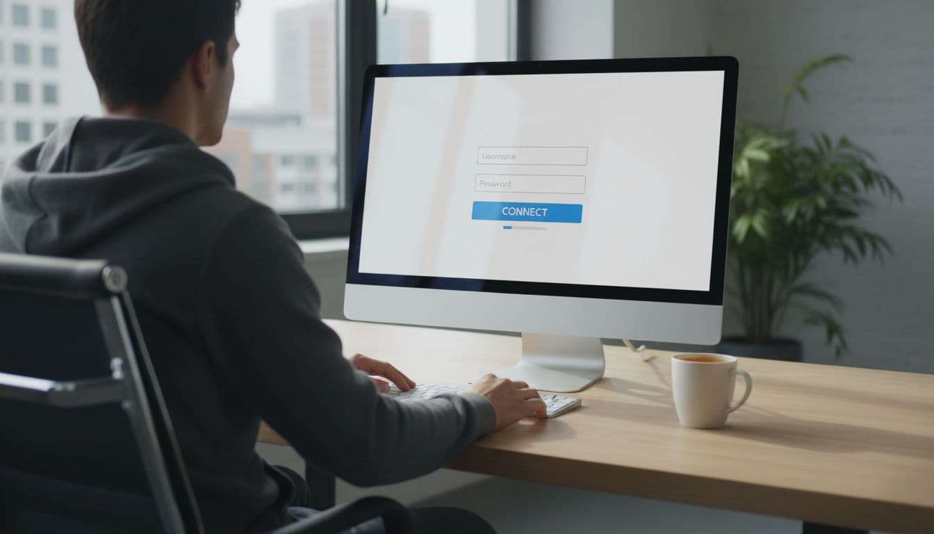 Computer screen displaying a simplified login interface to an online tax portal (ROS) on a modern desk with a coffee cup, person seated from behind, realistic natural lighting, screen slightly tilted and centered.