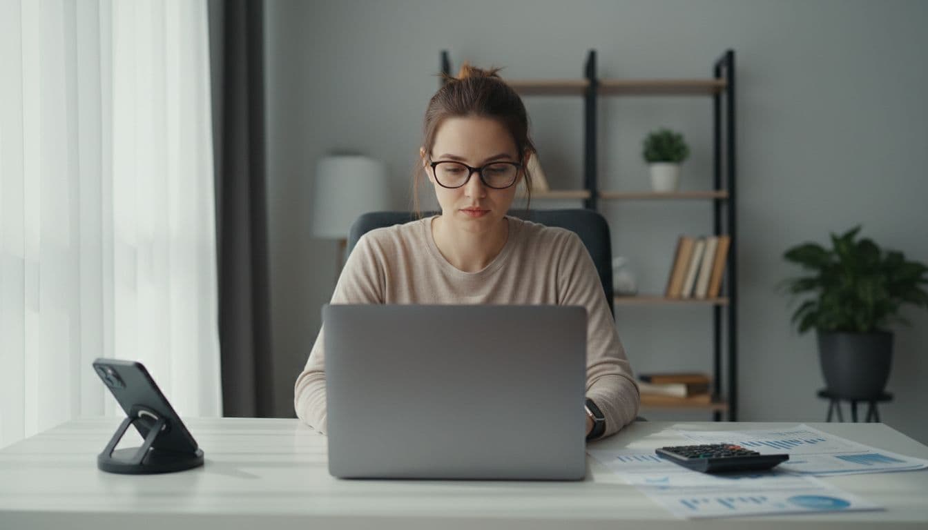 Adult content creator sits at modern desk with laptop, smartphone, and financial notes.