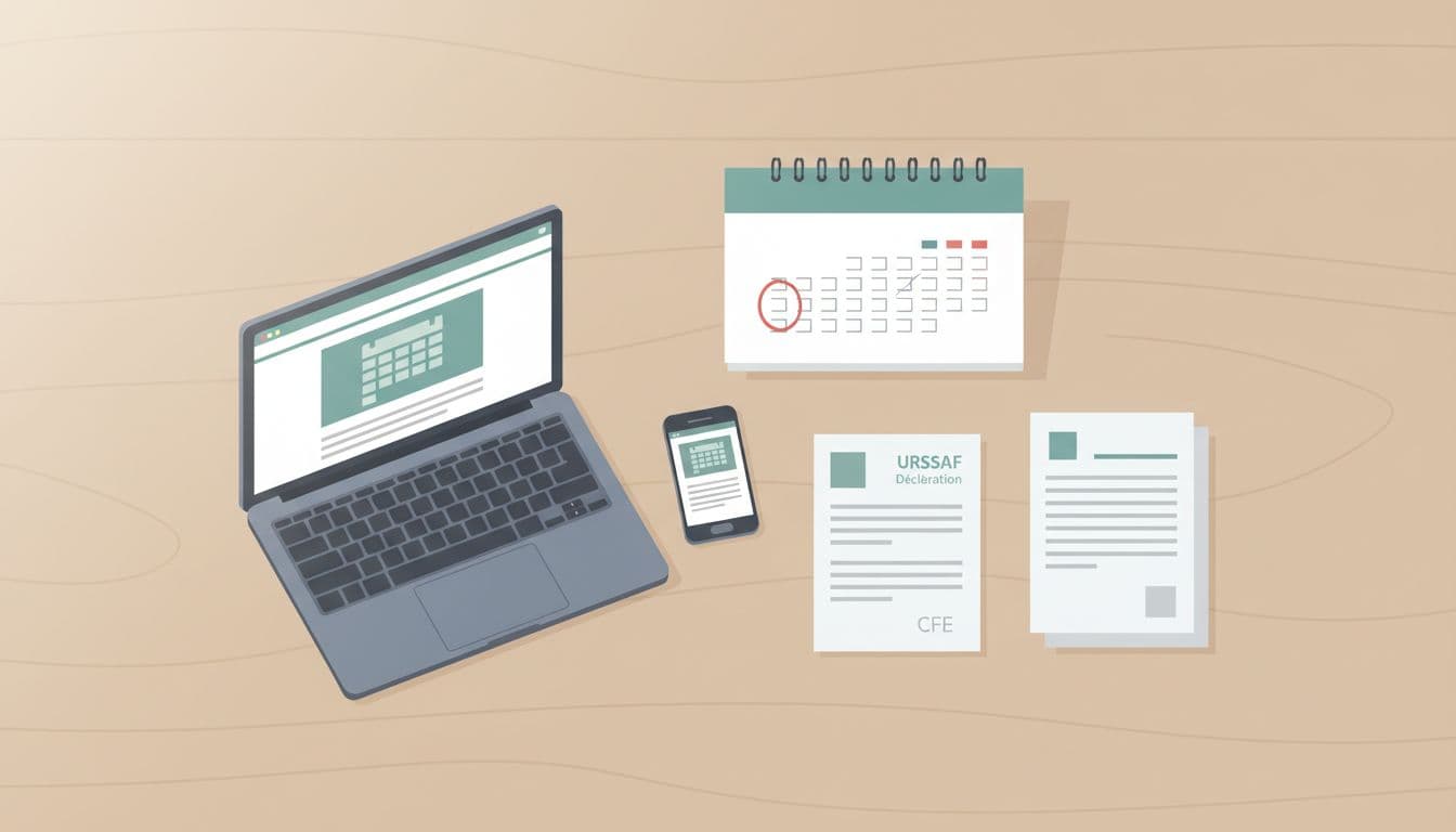 Minimalist vector illustration of wooden desk with calendar, CFE documents, URSSAF declaration, computer, and smartphone.