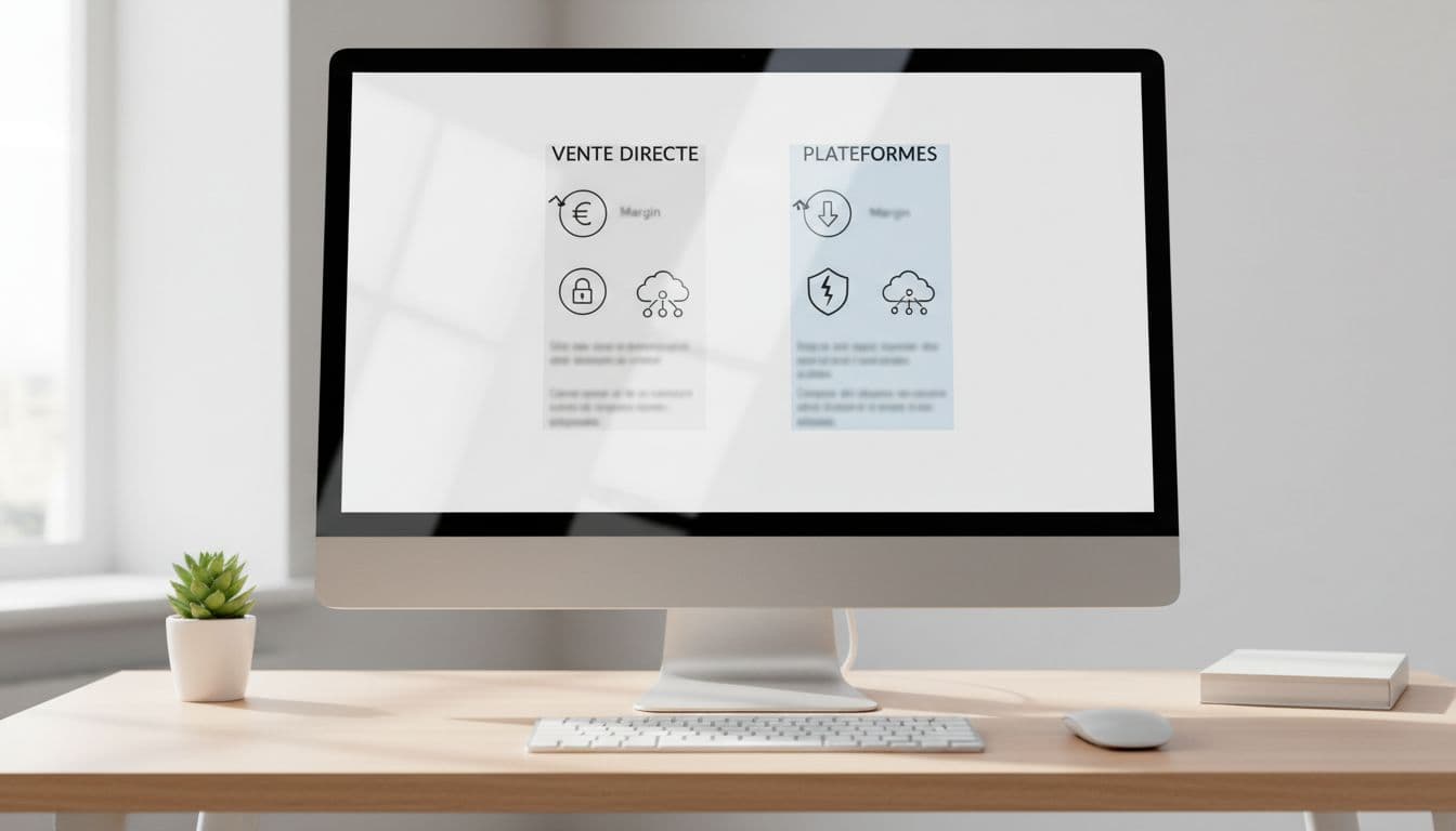Computer screen on professional desk shows simple comparison table with icons in two columns.