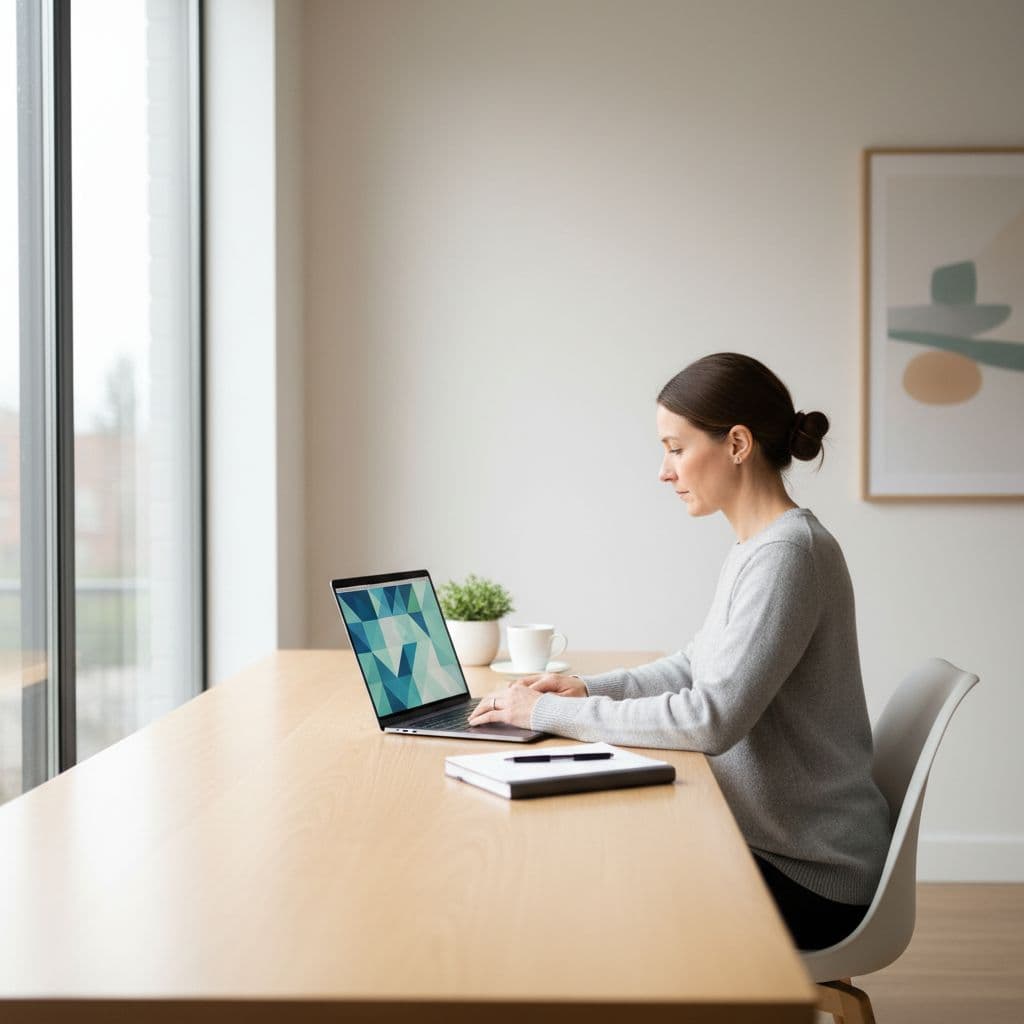 Personne à un bureau ordonné avec ordinateur portable, éclairage naturel.