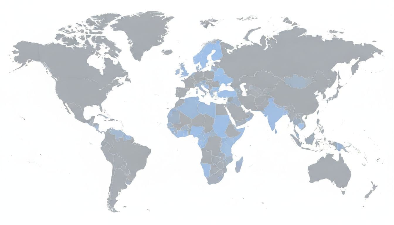 Flat world map centered on Europe with EU countries in light blue and others in gray.