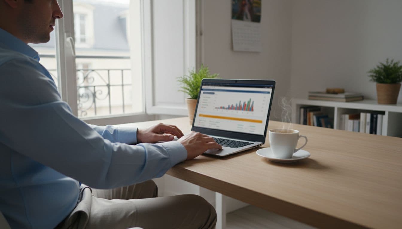 Person sits at desk in bright home office viewing blurred revenue dashboard on laptop with coffee cup nearby.