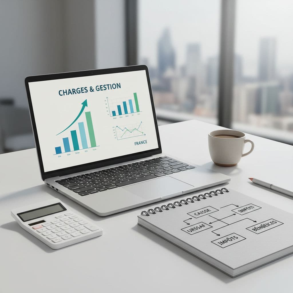 Un bureau moderne avec un ordinateur portable, des graphiques financiers et des outils de calcul.