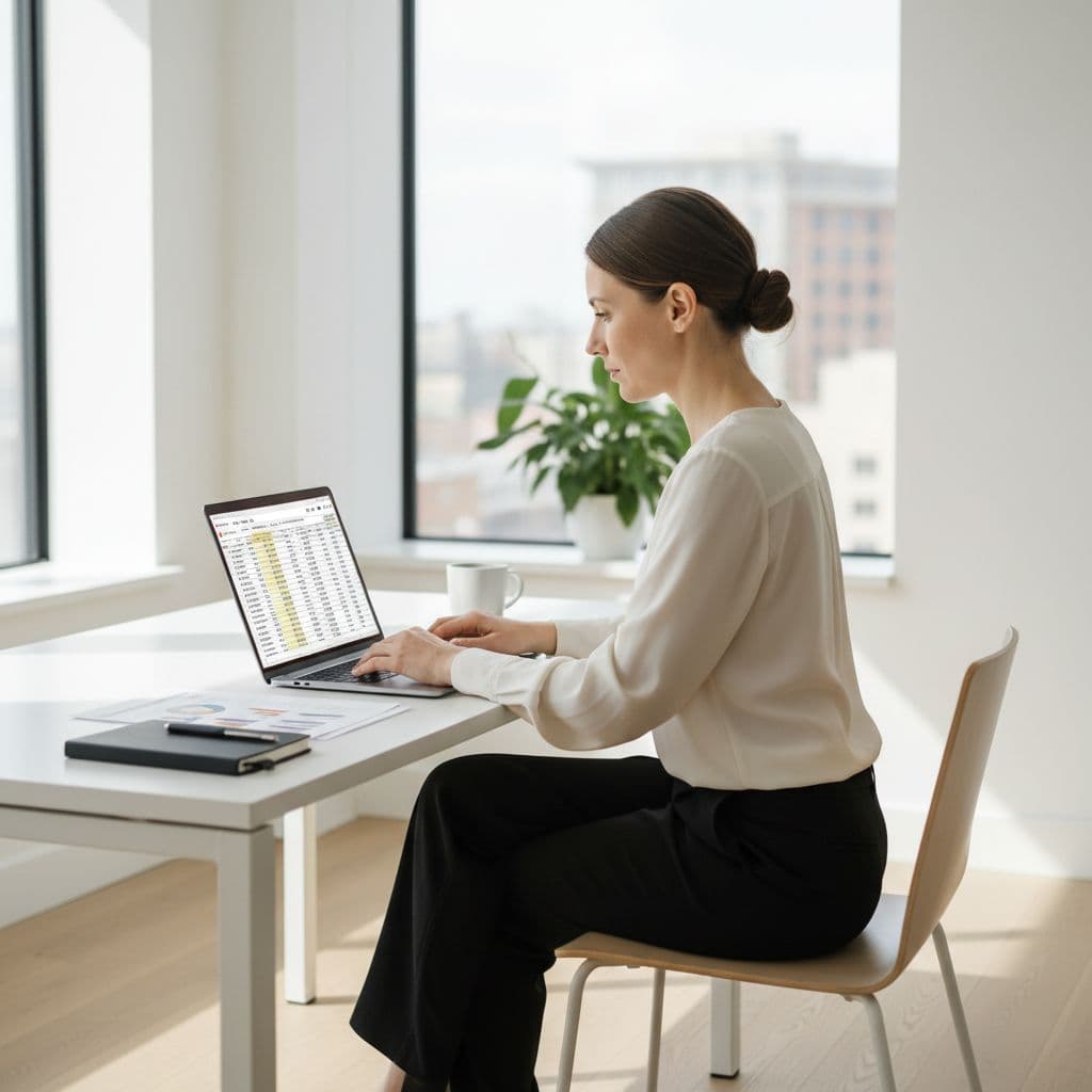 Une personne travaille sur un ordinateur portable dans un bureau moderne et lumineux.