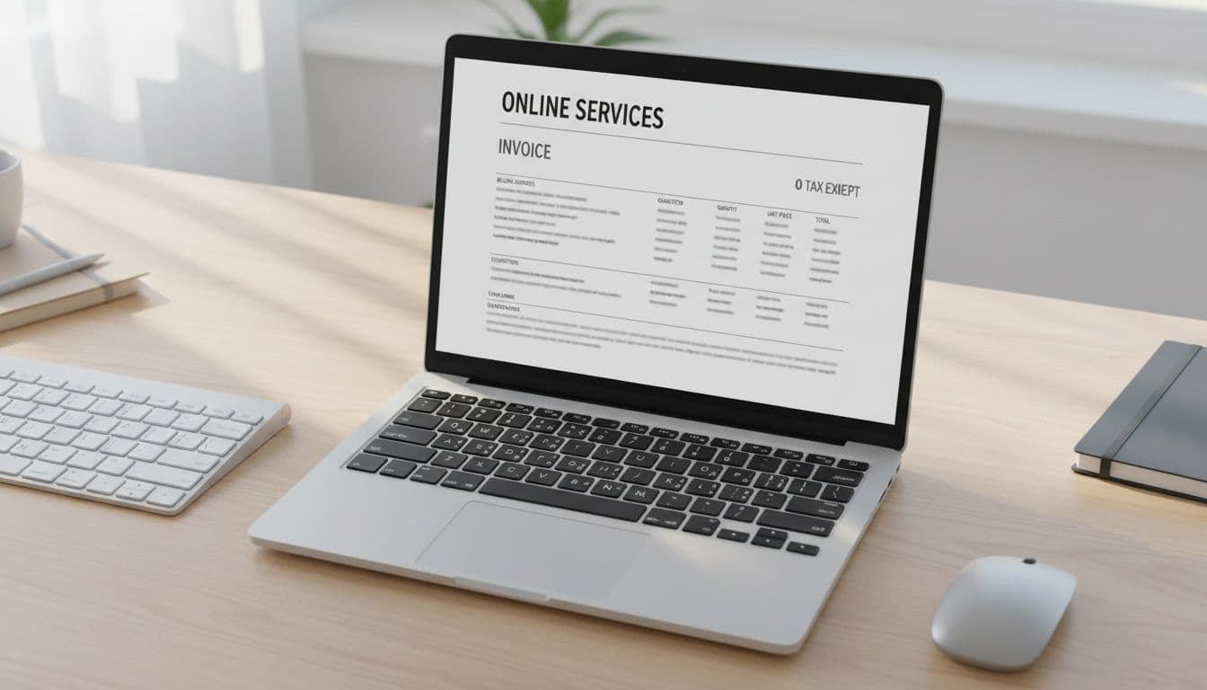 Overhead view of laptop screen showing simple digital invoice on desk with keyboard and mouse.
