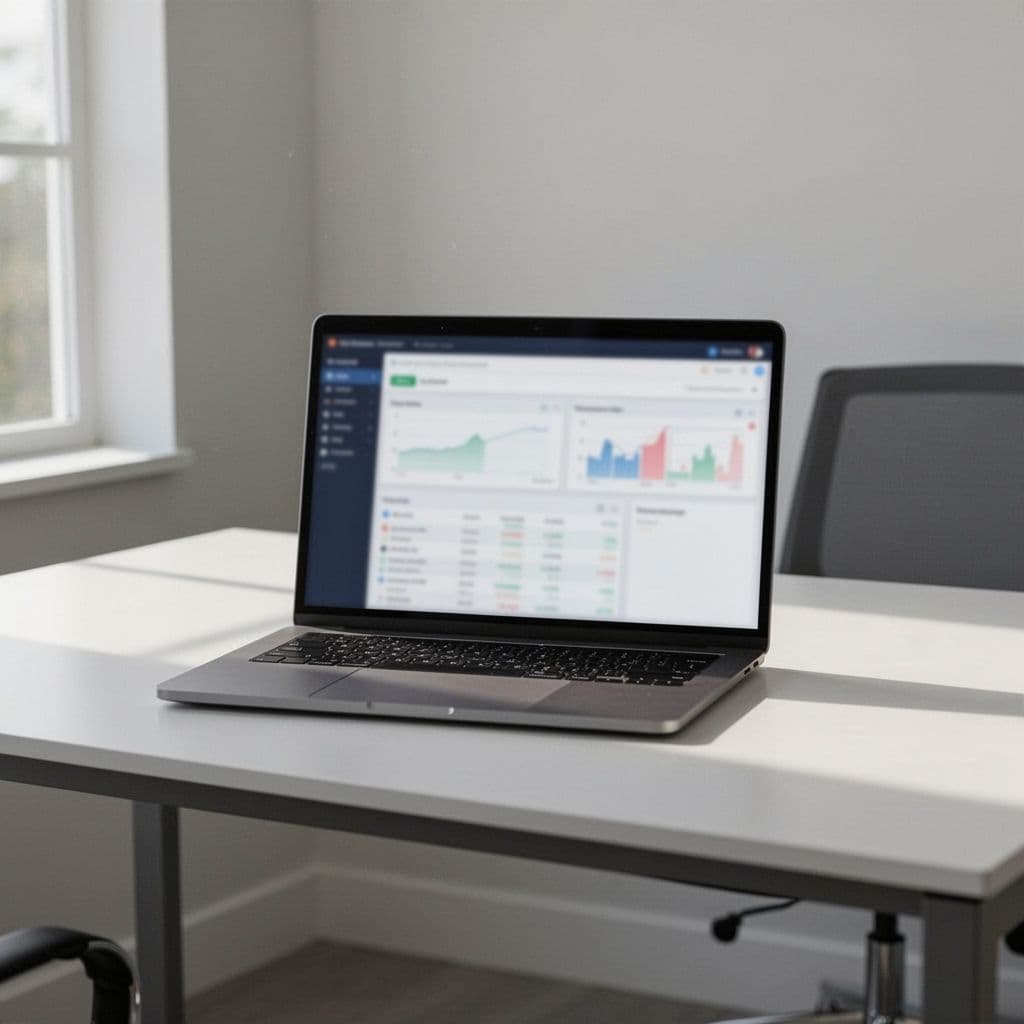 An open laptop sits on a clean white desk, displaying a blurred financial dashboard with charts. Soft natural light streams in from a window, highlighting a clutter-free and professional work setting.