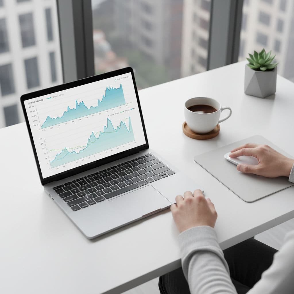 Top-down view of modern desk with open laptop showing financial stats graph, coffee cup, and relaxed hands.