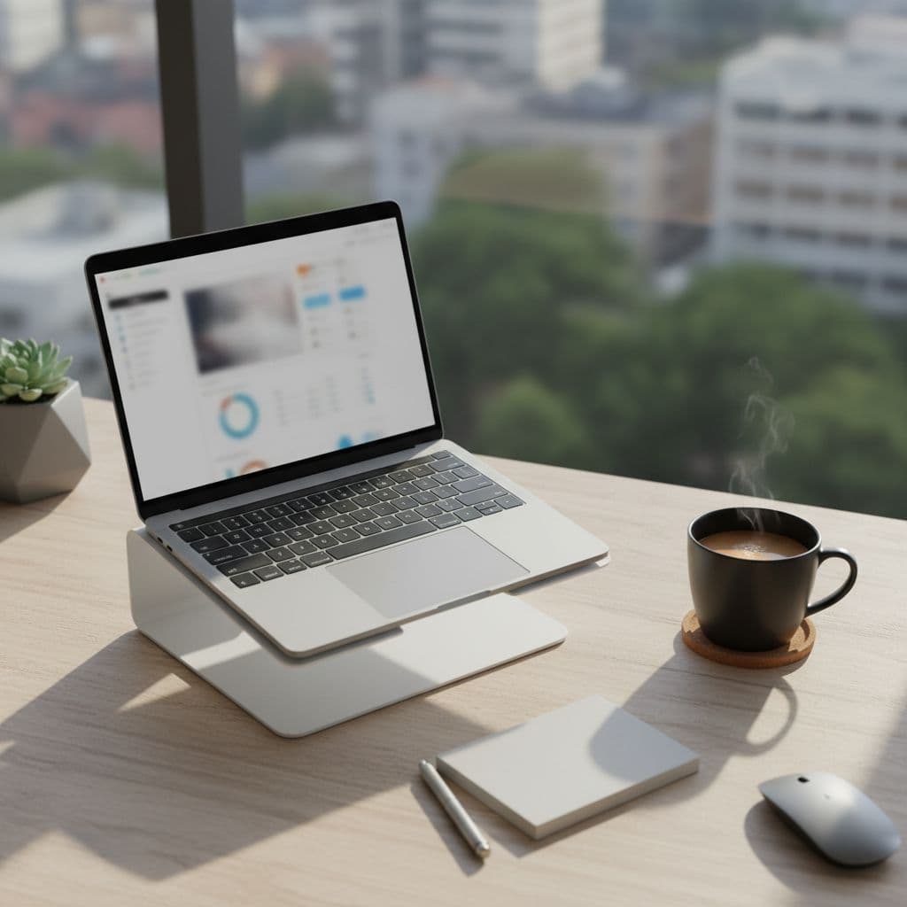 A top-down view shows an open laptop perched on a sleek silver stand with a steaming coffee mug nearby. Organized minimalist accessories sit on the clean surface under soft natural lighting.