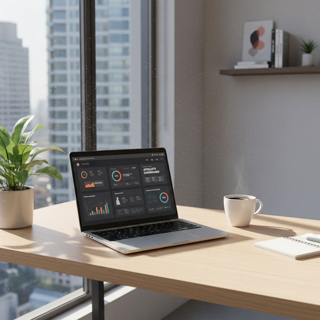 An open laptop sits on a sleek wooden desk beside a steaming cup of coffee and a small vibrant green plant. Soft daylight streams through the window onto the clean workspace.