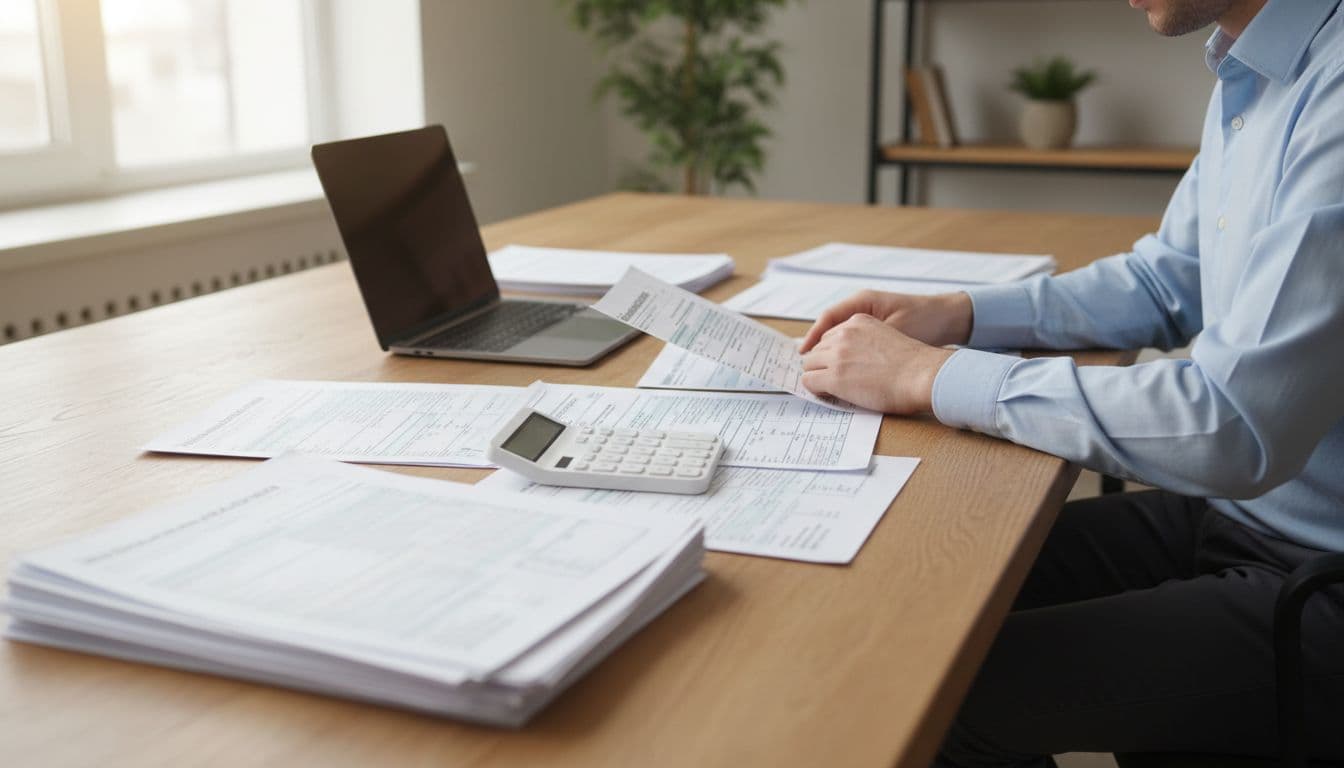 Person sits at wooden desk examining printed tax forms with calculator and computer, natural window light.