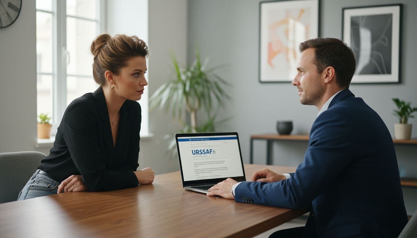 Tax consultant discusses with adult content creator in modern office, laptop shows blurred URSSAF site.