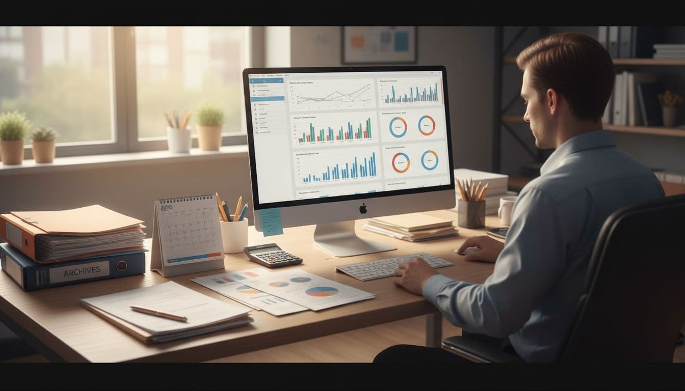 Professional desk with TVA documents, computer compliance dashboard, labeled archives folder, 2026 calendar, and person from behind checking reports.