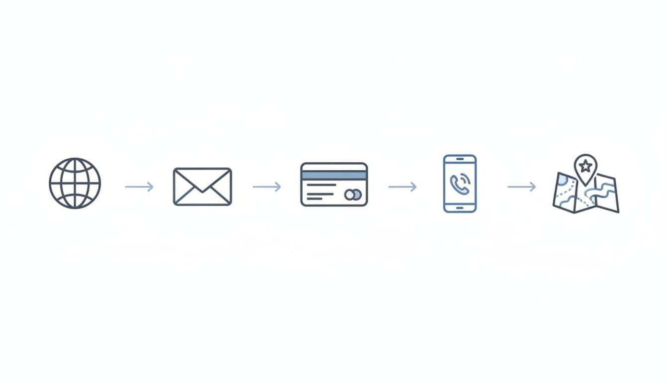 Five minimalist vector icons—globe, envelope, credit card, phone, country flag—in simple diagram on white background.