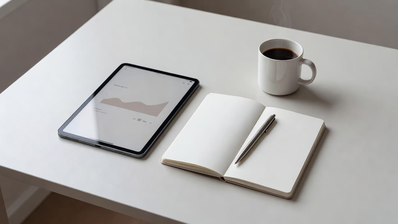Une vue plongeante sur un bureau épuré présentant une tablette tactile, un carnet ouvert et un stylo haut de gamme. Une tasse de café complète cet agencement minimaliste baigné de lumière douce.