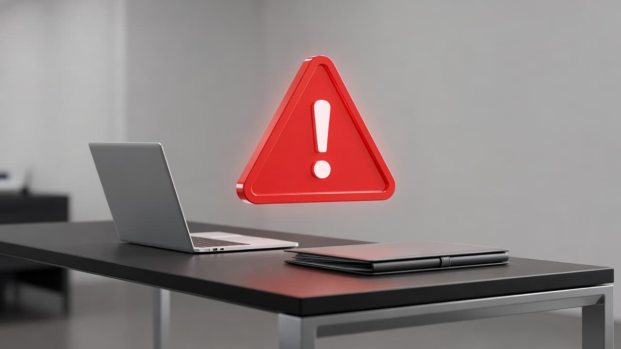 A clean office desk surface supports a closed laptop and a corporate bank folder. A bright red warning symbol floats prominently above the desk, signaling potential financial compliance risks for businesses.