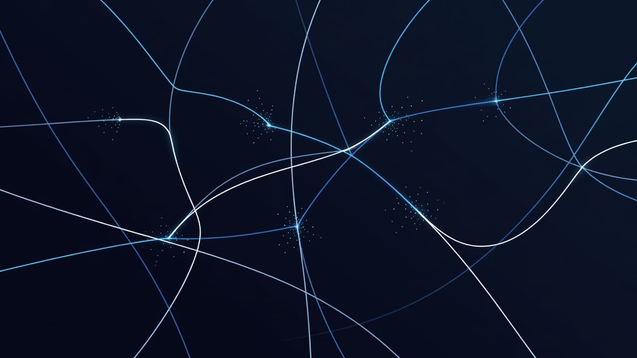 Des lignes lumineuses abstraites s'entrecroisent sur un fond bleu profond pour symboliser les flux financiers. Cette représentation visuelle illustre la complexité des transactions monétaires protégées par des protocoles numériques complexes.