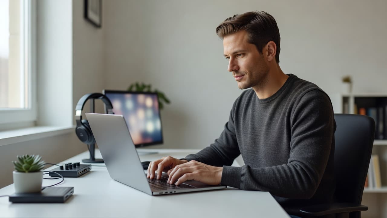 A professional desk setup features a sleek laptop amidst a tidy home office environment. Soft natural light illuminates the workspace, highlighting organized office supplies and a minimalist aesthetic throughout the room.