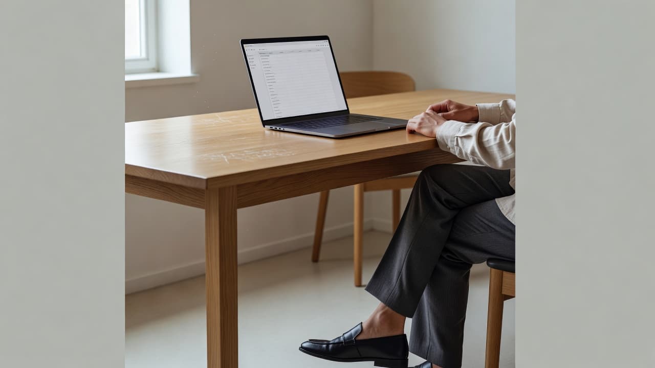 A modern laptop rests on a minimalist wooden desk bathed in soft natural light. A person wearing casual trousers sits at the table, representing a digital creator managing international tax forms.