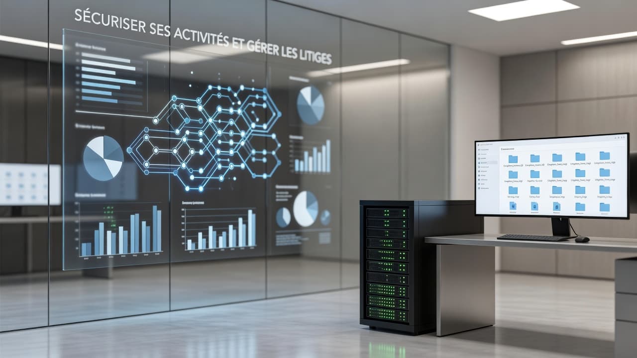 A clean workstation displays digital compliance reports and organized electronic folders on a computer screen. These visual assets illustrate secure data management and systematic legal documentation within a modern office setting.