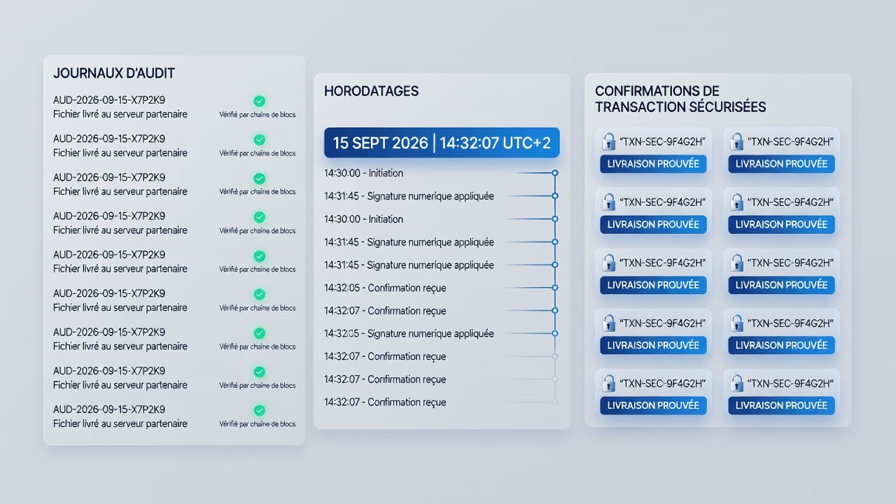 A clean interface displays secure transaction logs and timestamped audit records on a blue and grey screen. These organized data columns visually represent digital traceability and corporate compliance for business services.
