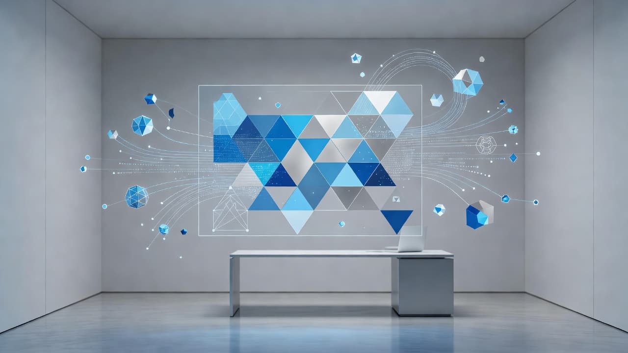 Floating translucent geometric shapes hover above a sleek desk surface, glowing with soft blue light. These patterns represent secure data processing within a minimalist and highly organized professional office environment.