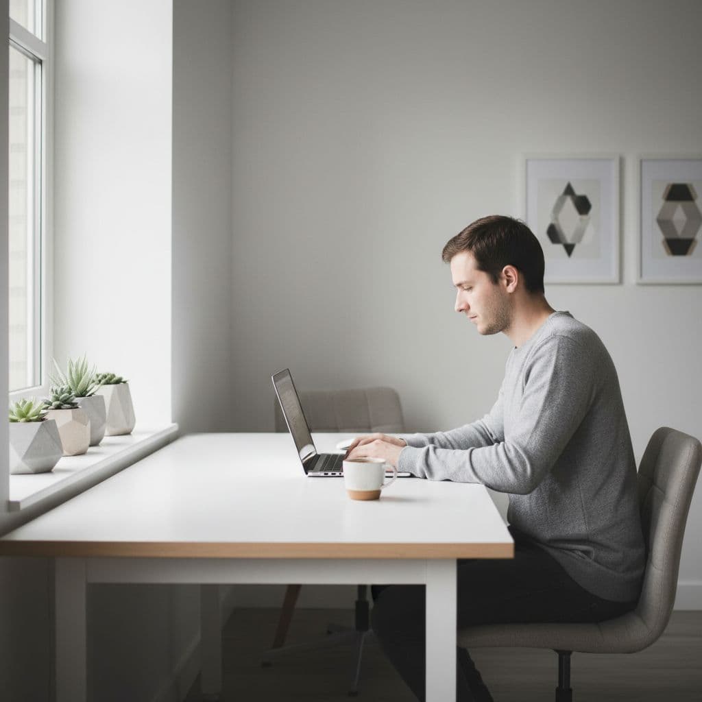 A focused professional sits at a clean, minimalist desk using a laptop. Nearby, organized documents and a calculator suggest a deliberate effort to manage fiscal obligations and digital tax documentation.
