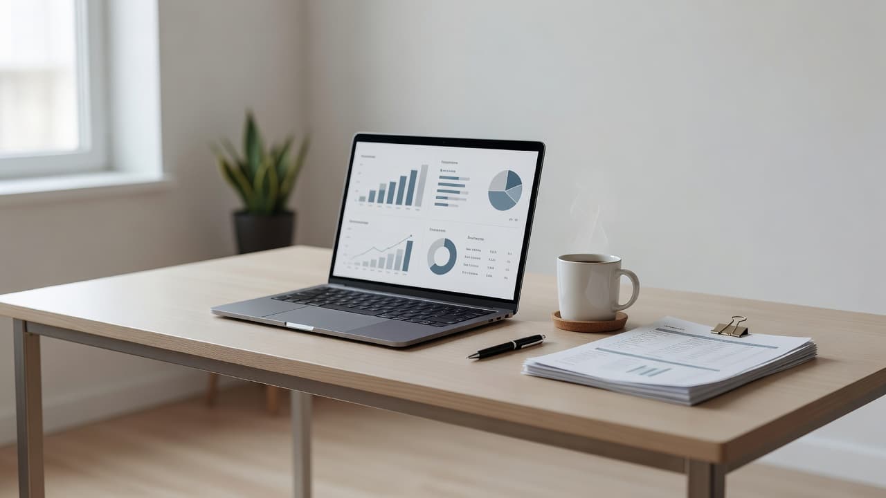 A sleek, minimalist desk holds a thin silver laptop alongside a steaming ceramic coffee mug and neatly stacked paper documents. Soft natural sunlight illuminates the tidy workspace for a professional look.