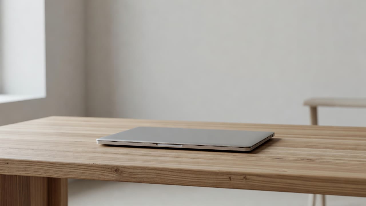 A sleek, closed laptop sits centered on a warm-toned wooden desk under soft ambient lighting. The minimalist arrangement conveys a professional focus, subtly highlighting the vulnerability of isolated digital assets.