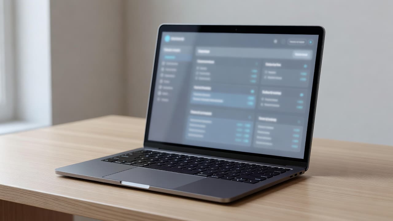 An open laptop sits on a clean wooden desk surface, displaying a blurred digital interface. Soft, natural sunlight filters across the workstation, creating a focused atmosphere for secure financial management tasks.