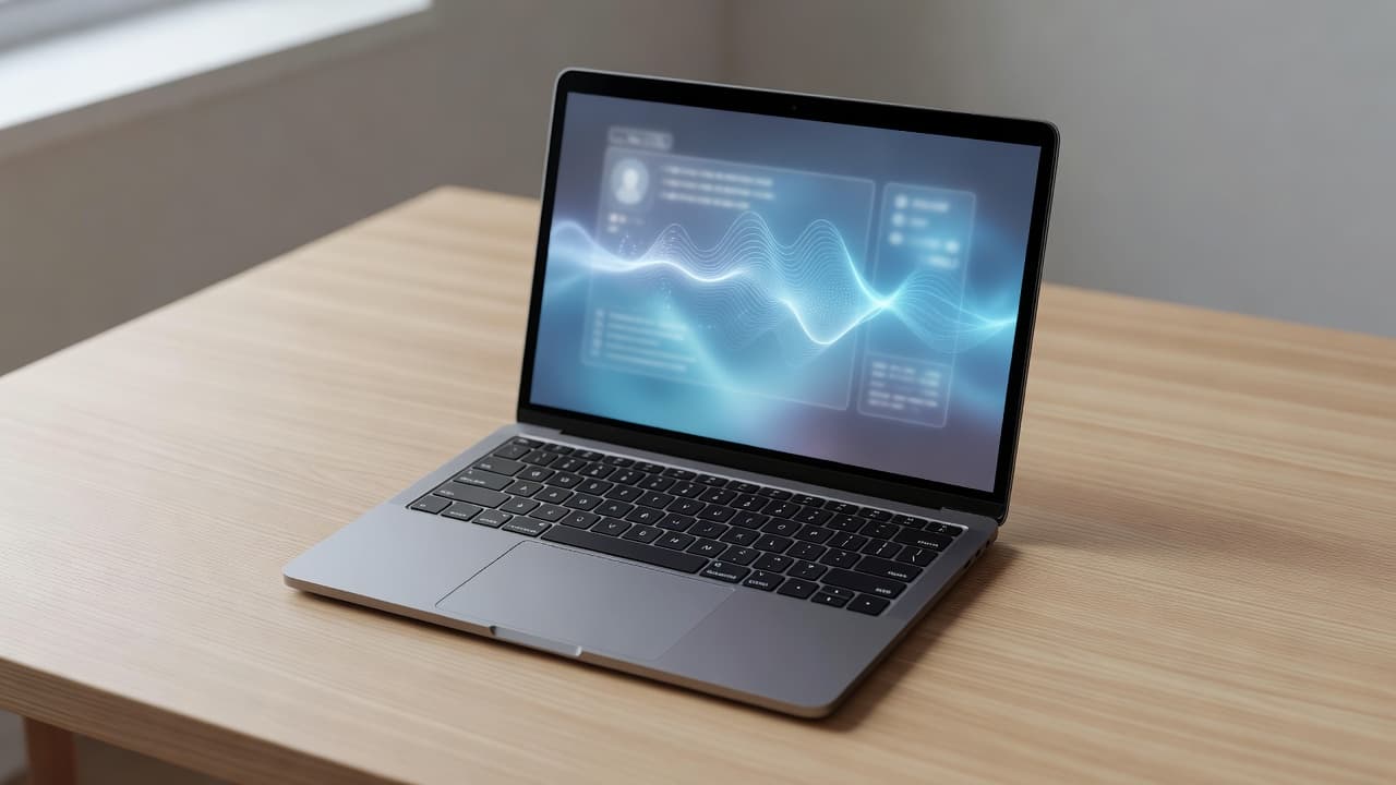 A top-down view of a wooden desk featuring an open laptop displaying a secure interface. Nearby, a clean workspace arrangement highlights the professional environment required for conducting secure online identity verification procedures.