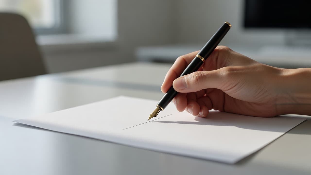A close-up view of a hand holding a sleek fountain pen positioned over a blank white page. The blurred office interior features soft, natural light falling across the smooth desk surface.