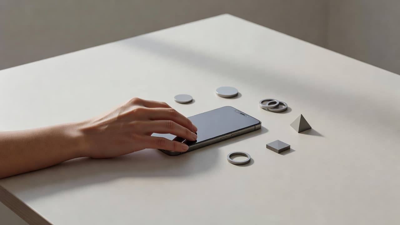 A single hand rests gently on a clean, white surface next to a modern smartphone. The bright, natural light emphasizes the professional and minimalist aesthetic of this digital transaction setting.