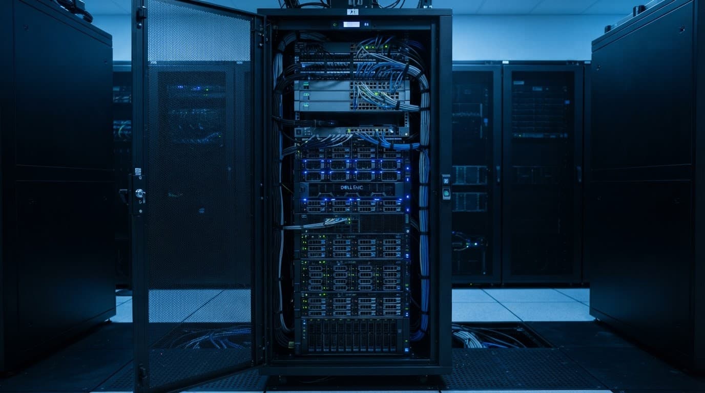 Une baie de serveur informatique éclairée par des LED bleues dans un datacenter moderne.