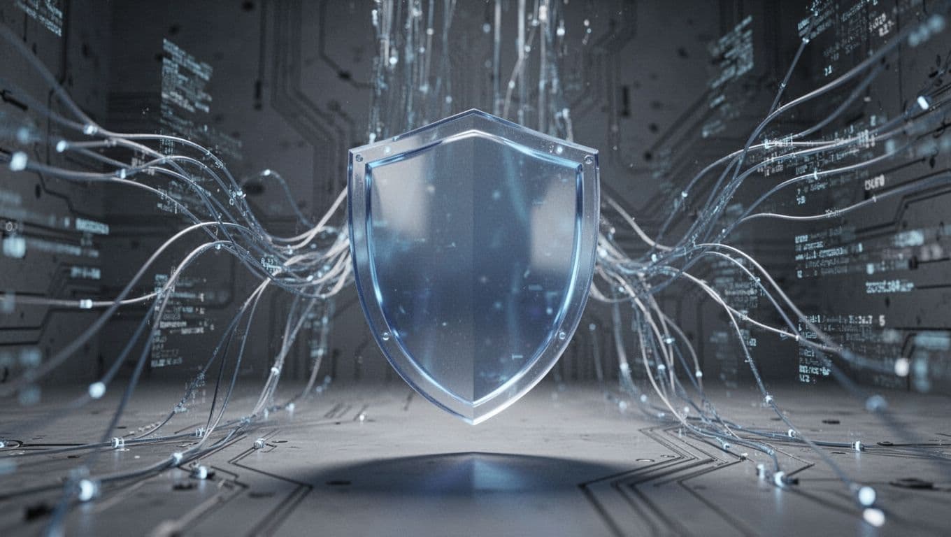 Un bouclier brillant aux reflets bleutés se détache au centre d'une trame de données floue et technologique. L'éclairage froid souligne une esthétique minimaliste évoquant la sérénité et la rigueur informatique.
