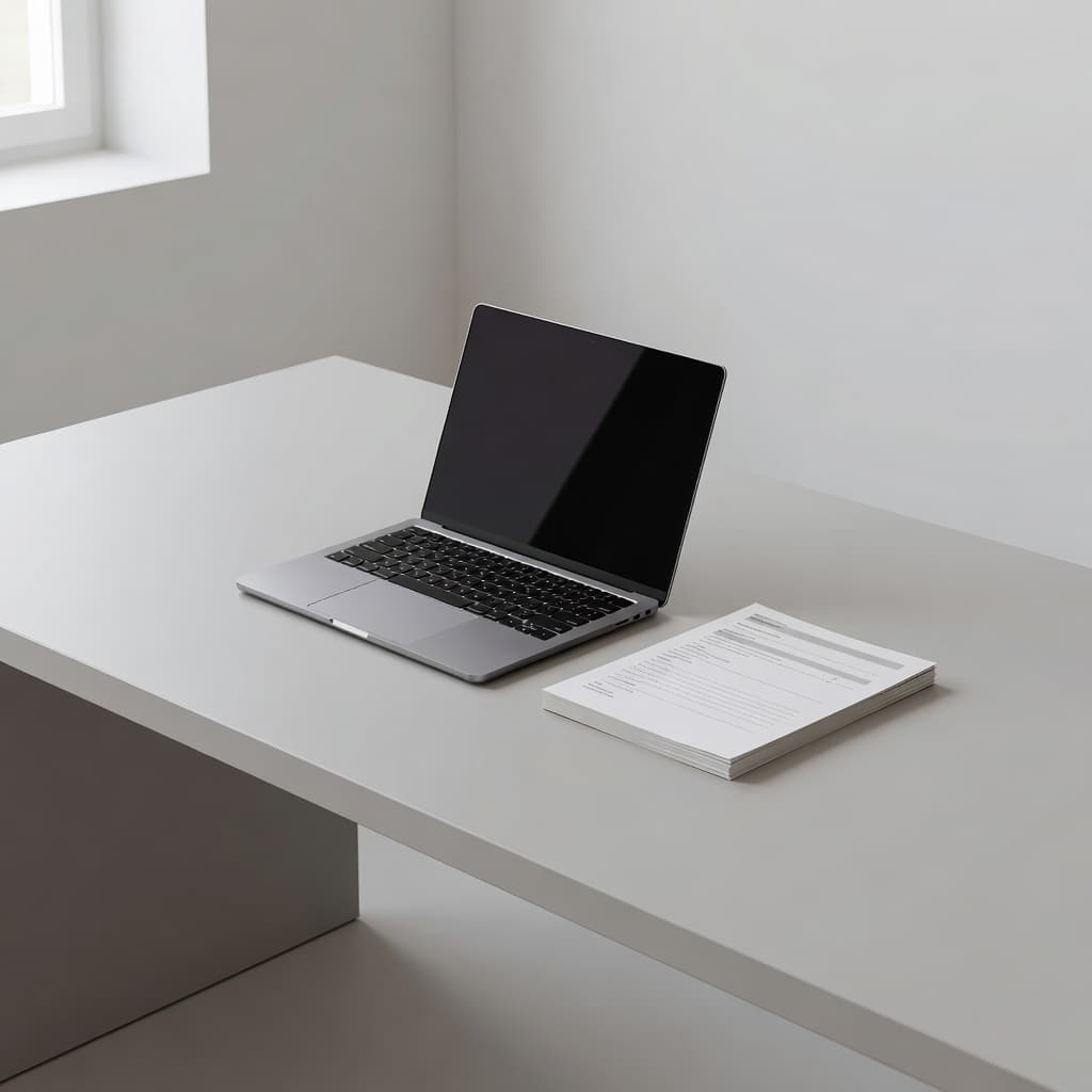 Un ordinateur portable ouvert et quelques documents administratifs soigneusement empilés reposent sur un bureau épuré. La lumière naturelle éclaire cette scène de travail ordonnée, propice à une gestion rigoureuse et sereine.