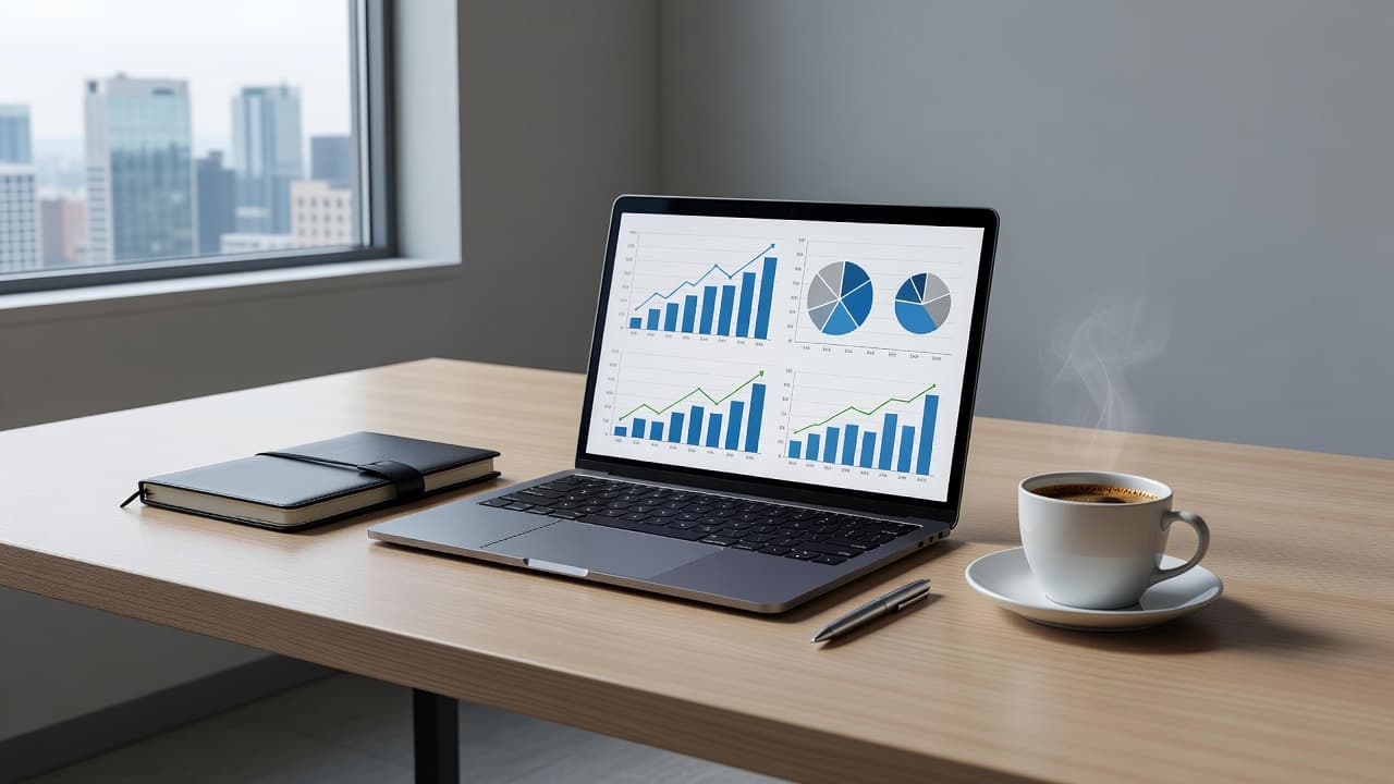 Un ordinateur portable et une tasse de café sur un bureau propre.