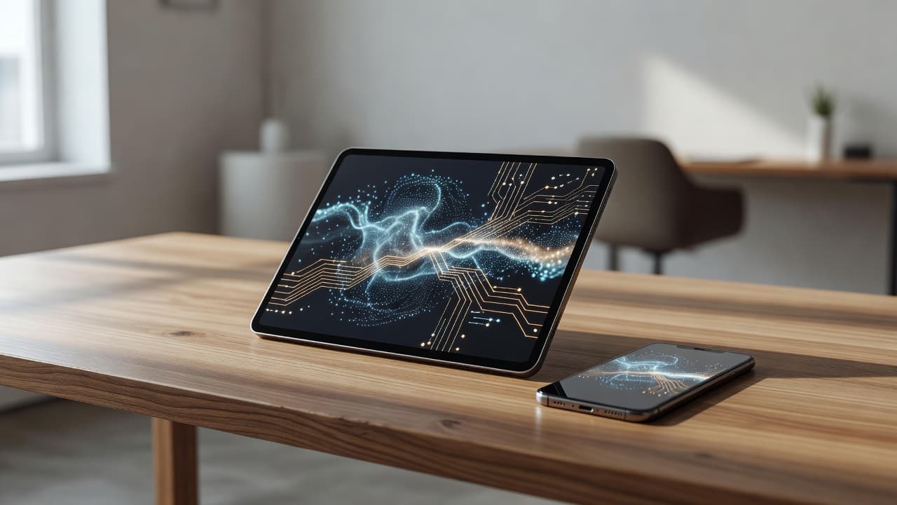 Un smartphone et une tablette numérique sont posés sur un bureau en bois clair épuré. Une lumière naturelle douce illumine cette configuration minimaliste dédiée aux transactions financières sécurisées en ligne.