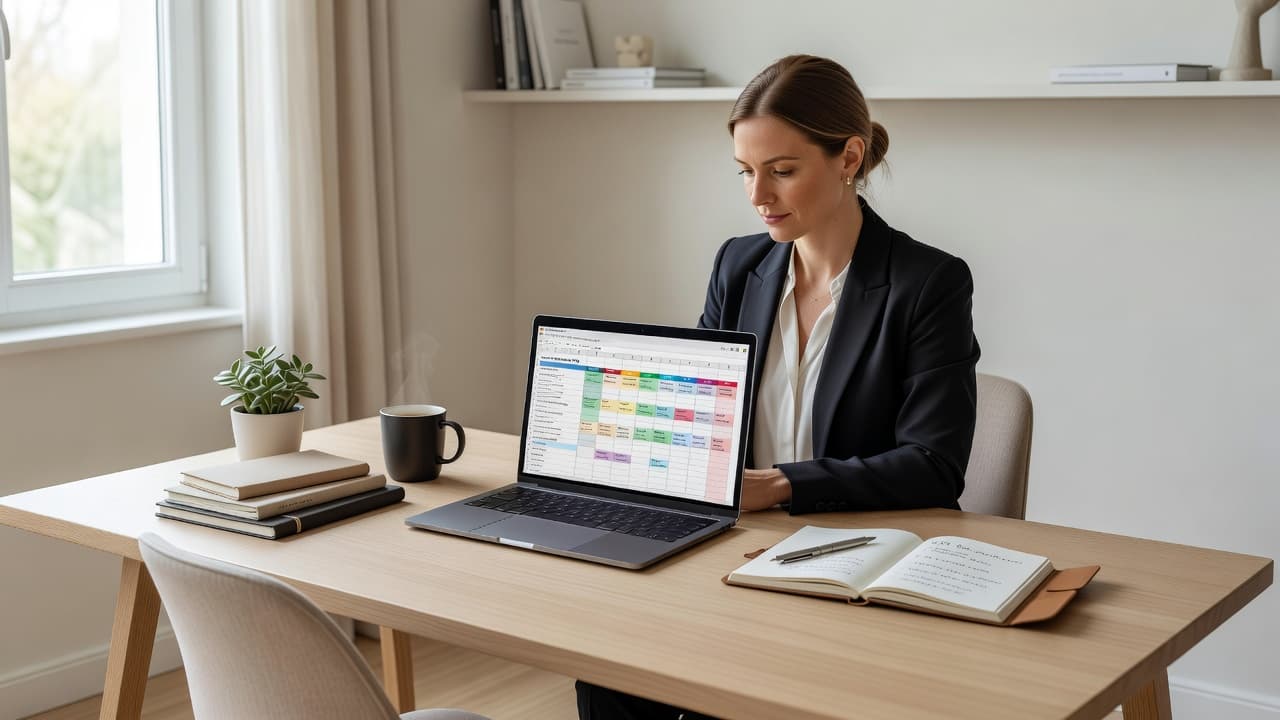 Une créatrice indépendante est installée à son bureau épuré, utilisant son ordinateur portable pour organiser ses documents. Une lumière naturelle douce éclaire son espace de travail minimaliste et professionnel.