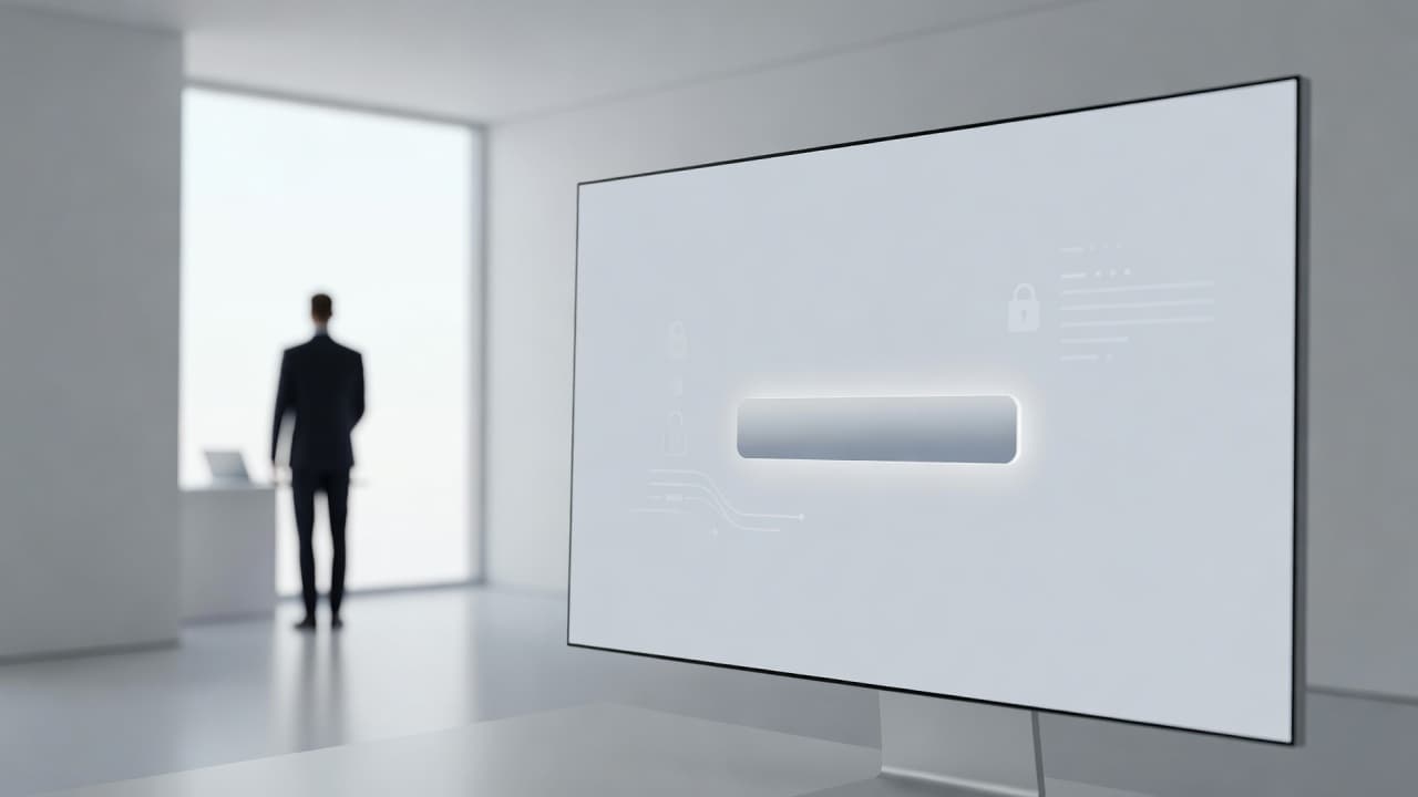 Un écran d'ordinateur affiche une interface épurée dédiée à la gestion des cookies. Un bureau minimaliste et lumineux entoure cette zone de travail, avec une personne isolée visible au loin.